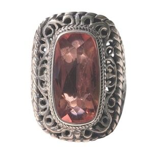 Sarda Filigree Cocktail Ring Red Pink Melon Cushion Cut Cut Sterling 925 Size 7